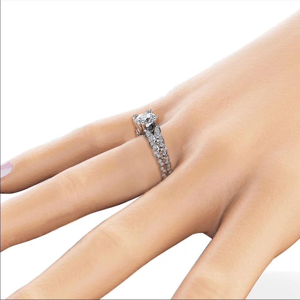New 925 Silver Two Row Leaves Women’s Diamond Ring - Picture 4 of 4